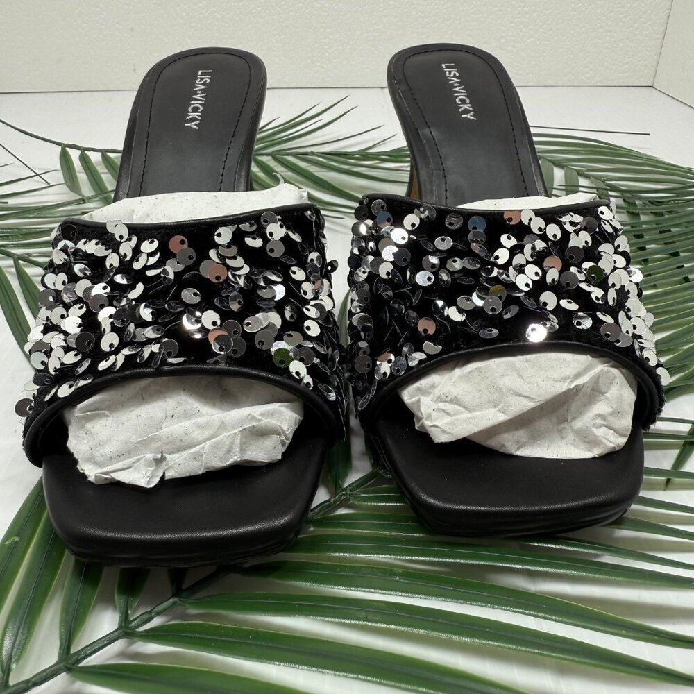Lisa Vicky Sequin Slide Mule Heels 8.5 Black Silver Party Dressy Shoes NWT Shiny - Picture 3 of 11